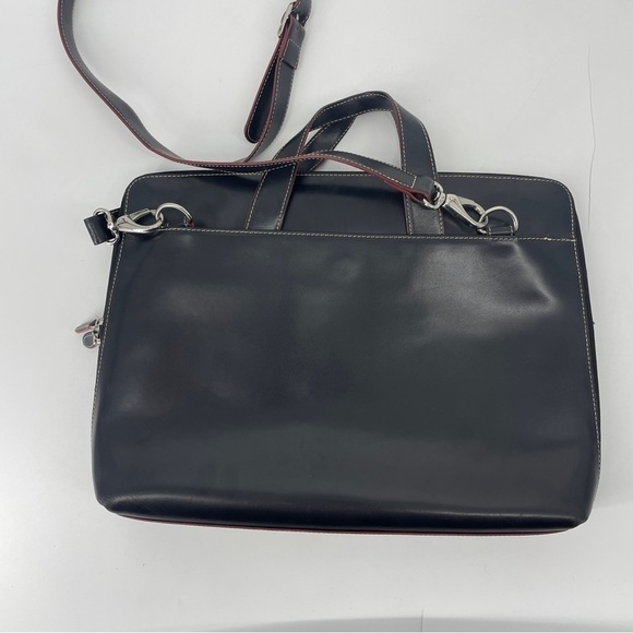 Lodis Laptop Bag Black Leather Red Trim Shoulder Strap Briefcase Career Pockets - Picture 5 of 8